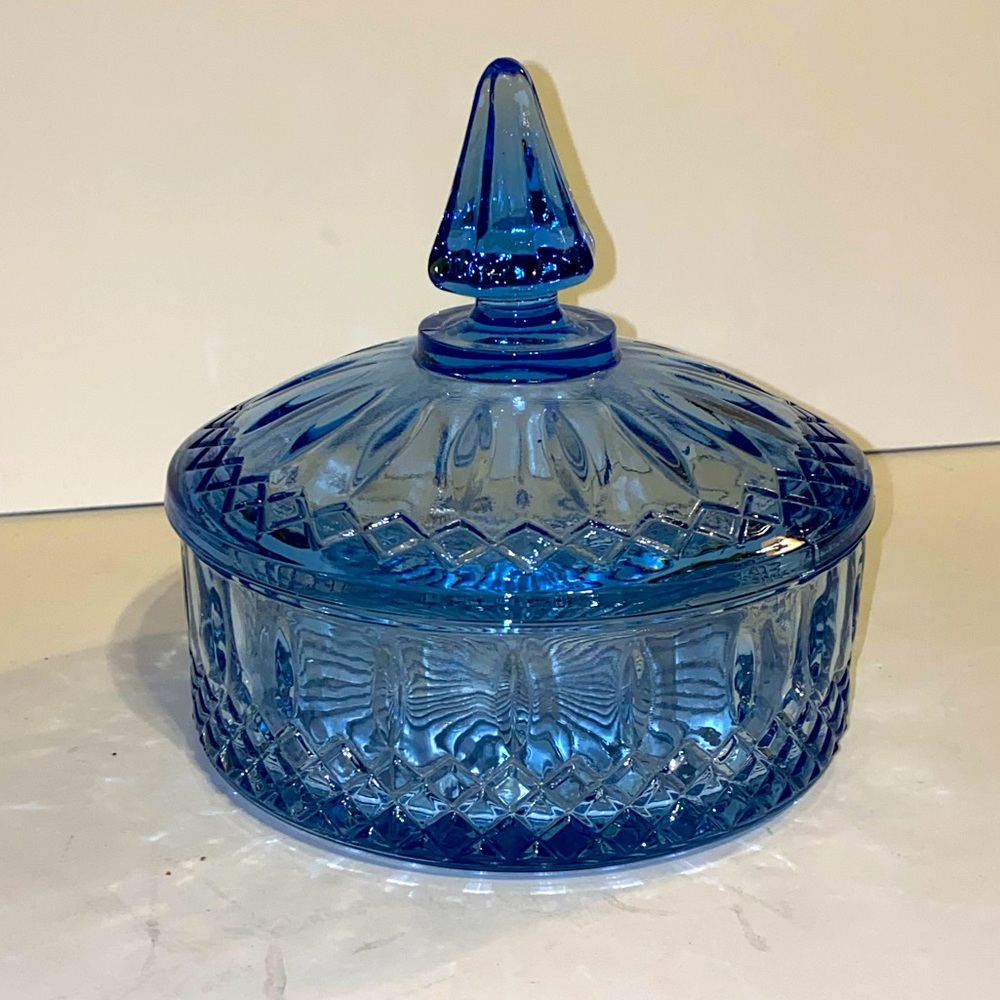 Vintage pale blue lidded candy bowl or Jewelry trinket jar